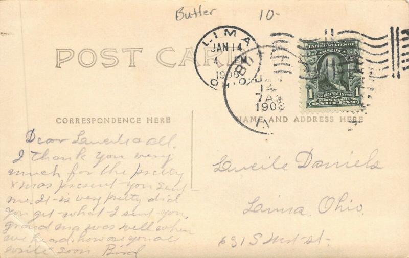 Butler Indiana~West Main Street Homes~Men on Sidewalk~Feed Barn~1908 RPPC