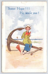 PM 1928~Some Hope~He Sees Me~Lady Reads Book On Anchor @ Beach~Optimistic~Vtg PC