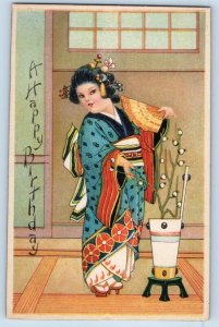 Birthday Postcard Japan Girl Wearing Kimono Fan Art Nouveau Crafts c1910's