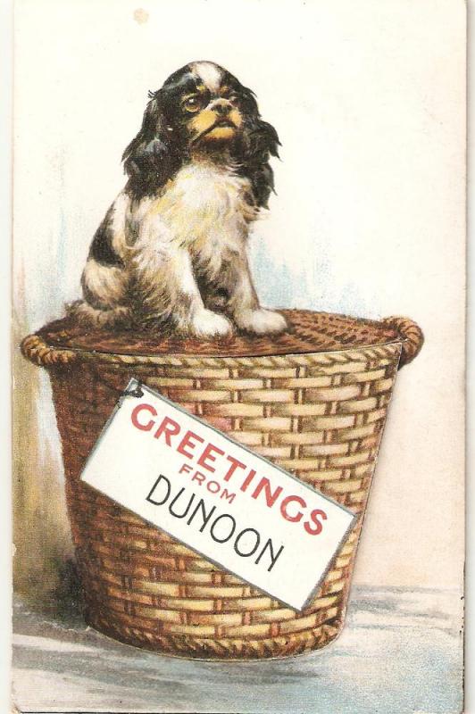 \Dog sitting on basket\ Novelty antique English postcard