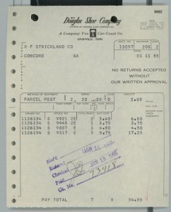 1955 W. L. Douglas Shoe Company General Shoe Corp. Nashville TN Invoice 322 