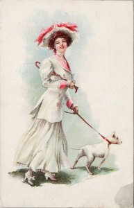 Woman White Dress White Dog Terrier Postcard G50