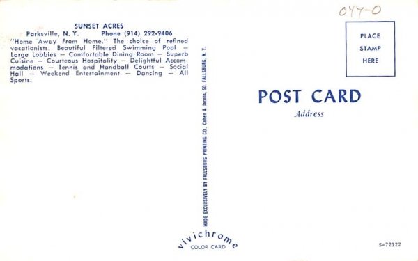 Sunset Acres Parksville, New York Postcard