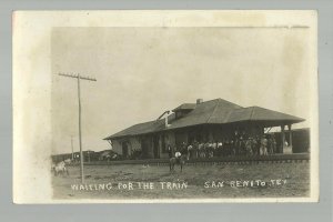 San Benito TEXAS RPPC c1910 DEPOT TRAIN STATION Passengers nr McAllen Harlingen