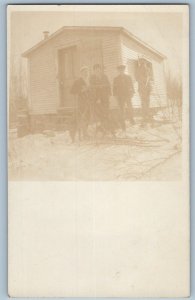 RPPC Photo Postcard Men With Gun Outside Of His Camp c1910's Antique Posted