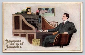 Man in Suit at Desk Someone Thinks of Someone Vintage Postcard 0985