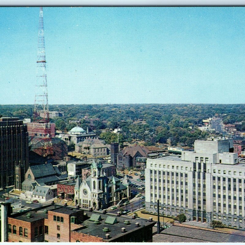 c1960s Des Moines, IA Birds Eye Downtown Bankers Life Churches Chrome Photo A144