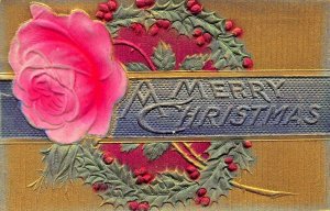 MERRY CHRISTMAS-AIRBRUSHED ROSE-HEVILY EMBOSSED 1909 POSTCARD