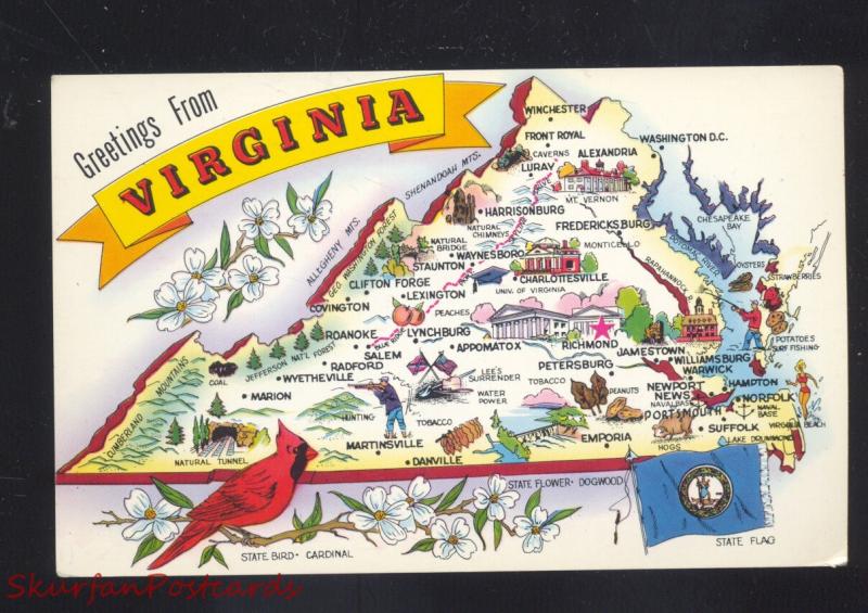 GREETINGS FROM VIRGINIA VINTAGE STATE MAP POSTCARD
