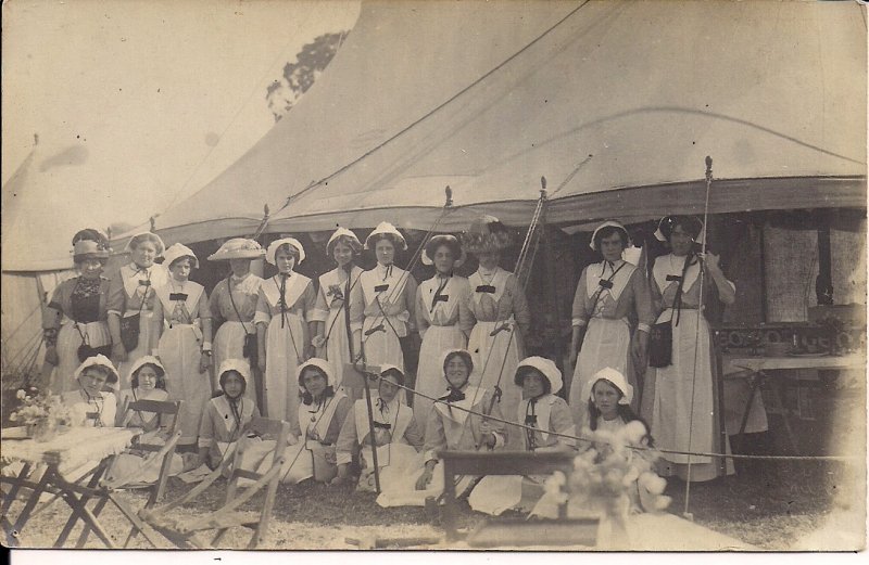 RPPC British Women in Funny Costumes, ca. 1920, Tent, Nurses?