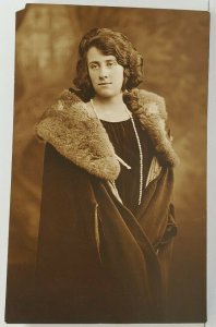 Lovely Woman Wearing Coat and Long Stand Pearls Studio Real Photo Postcard N9