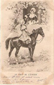 Horseman toasting with  lady at window Old vintage French postcard