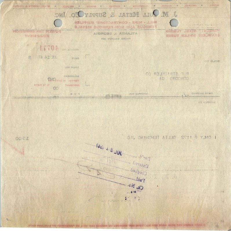 1947 J.M. TULL METAL & SUPPLY CO. ATLANTA GA DELTA TENONING JIG INVOICE 16-27 