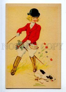 187768 Girl Rider on HORSE Toy JACK RUSSELL TERRIER Vintage PC