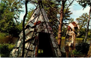 First Nation Indian Chief Head Dress Birch Bark Tee Pee 1966 Vintage Postcard