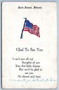 1918 WWI ROCK ISLAND ILLINOIS GLAD TO SEE YOU PATRIOTIC AMERICAN FLAG CAMP GRANT