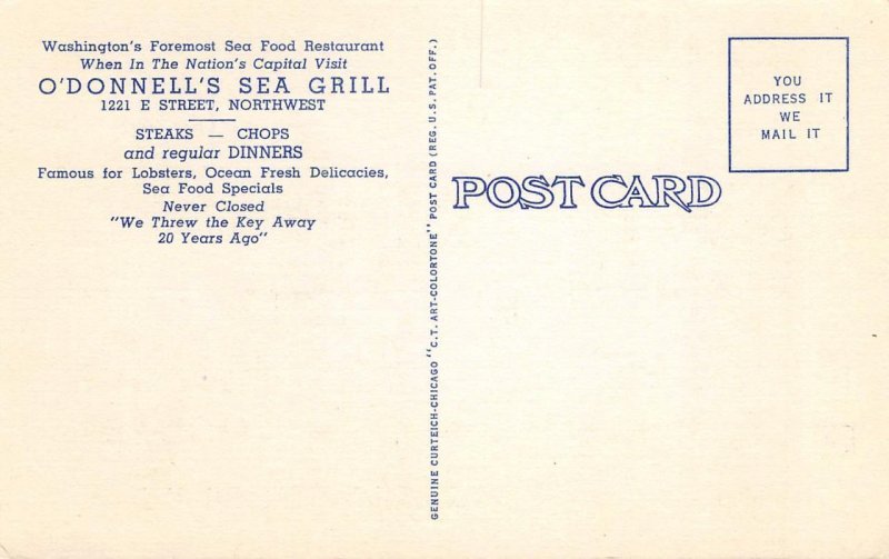 O'DONNELL'S Washington, D.C. Sea Grill Seafood Roadside c1940s Linen Postcard