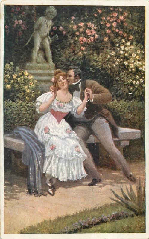 Vintage Czech R. art postcard lovers romance kiss couple cupid statue