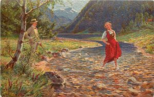 Postcard C-1910 Fishing Romance Paint Texture Mountain Stream 23-6788