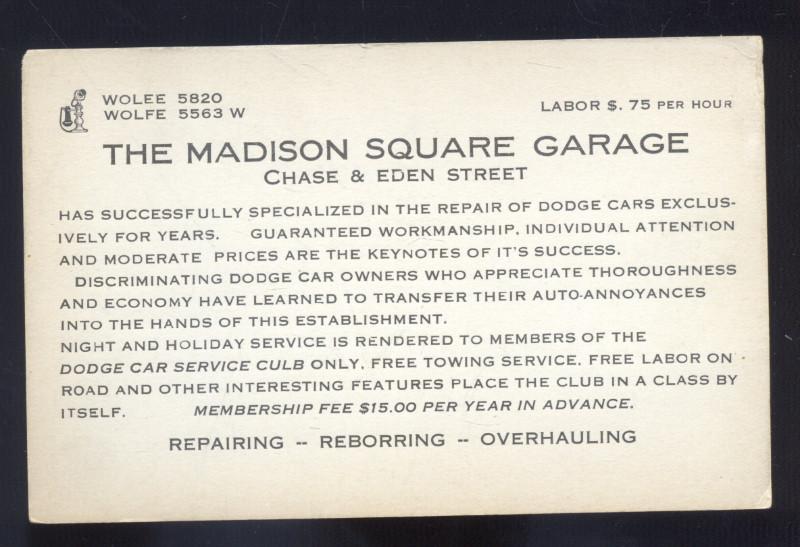 BALTIMORE MARYLAND THE MADISON SQUARE GARAGE VINTAGE ADVERTISING POSTCARD