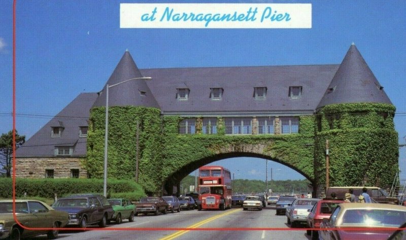 Postcard Double Decker Bus passing under Arch at Narragansett Pier, RI.   R7