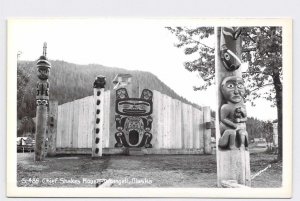 RPPC REAL PHOTO POSTCARD ALASKA WRANGELL CHIEF SHAKES HOUSE TOTEM POLES AND NATI