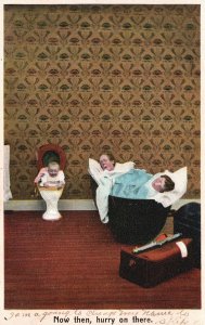 Vintage Postcard 1910's Infant In The Toilet Mother & Father Sleeping Comic Card