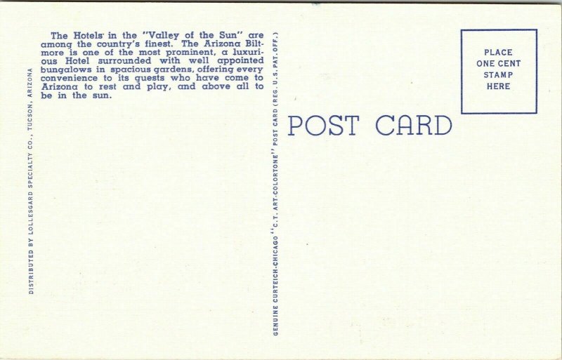 Hotels Valley Sun Patio Arizona Biltmore Phoenix AZ Sunset Linen Postcard UNP 