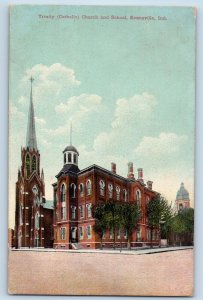 Evansville Indiana IN Postcard Trinity Catholic Church And School Exterior 1909