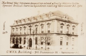 Vancouver BC GWVA Building Welcoming British Squadron 1924 RPPC Postcard G94
