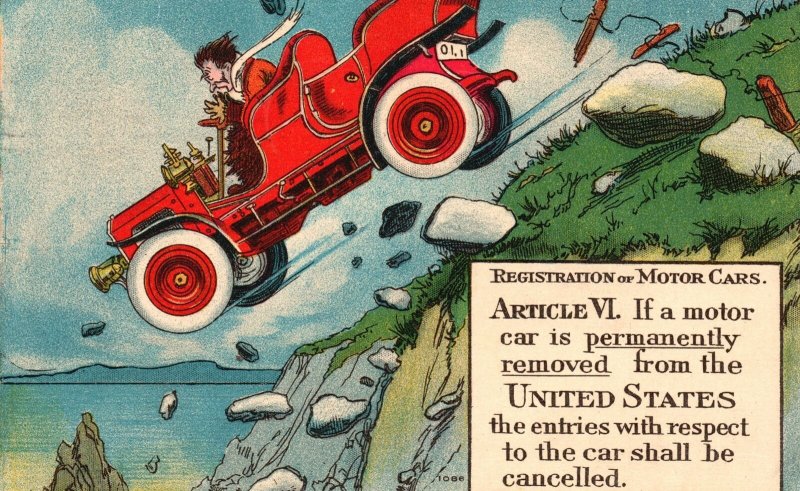 Vintage Postcard 1909 Registration Of Motor Cars Article VI Comic Motor Card 