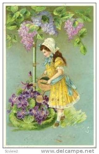 Watercan: Girl waters purple flowers, Hartlig Gratulation, PU-1910