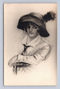 WOMAN IN CHAIR GLAMOUR ARTIST SIGNED HARRISON FISHER POSTCARD REAL PHOTO L.F.