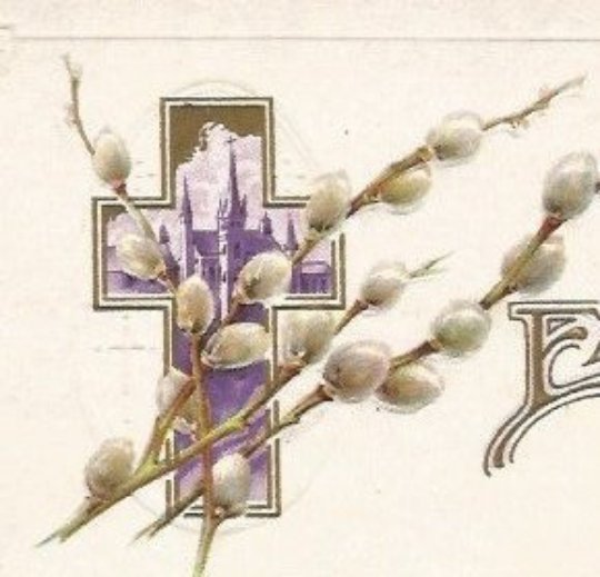 Cross with Cathedral Scene in Center Pussy Willow Spray Over It Vintage Postcard