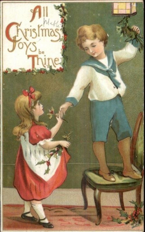 Christmas - Children Decorate Holly & Mistletoe c1910 Postcard