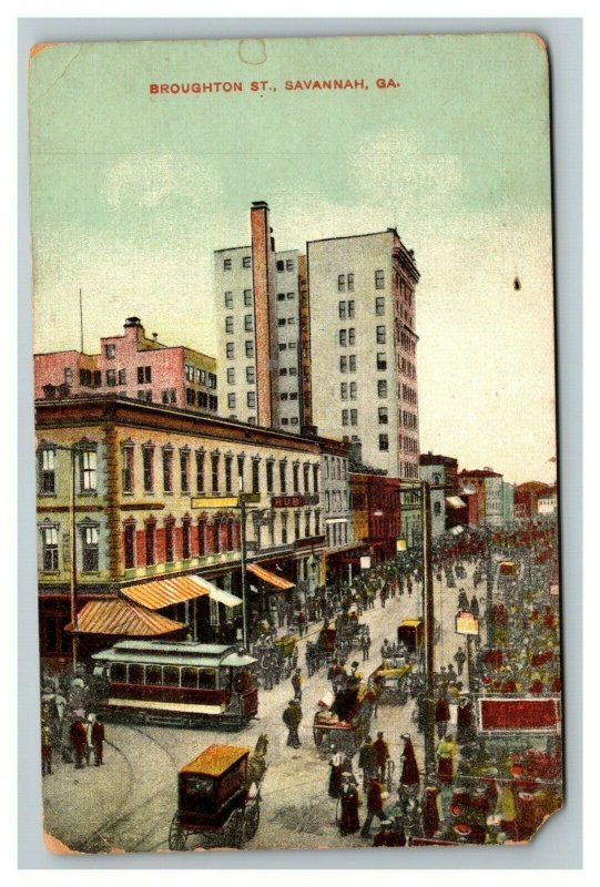 Vintage 1909 Postcard Cable Cars & Pedestrians Broughton St. Savannah Georgia