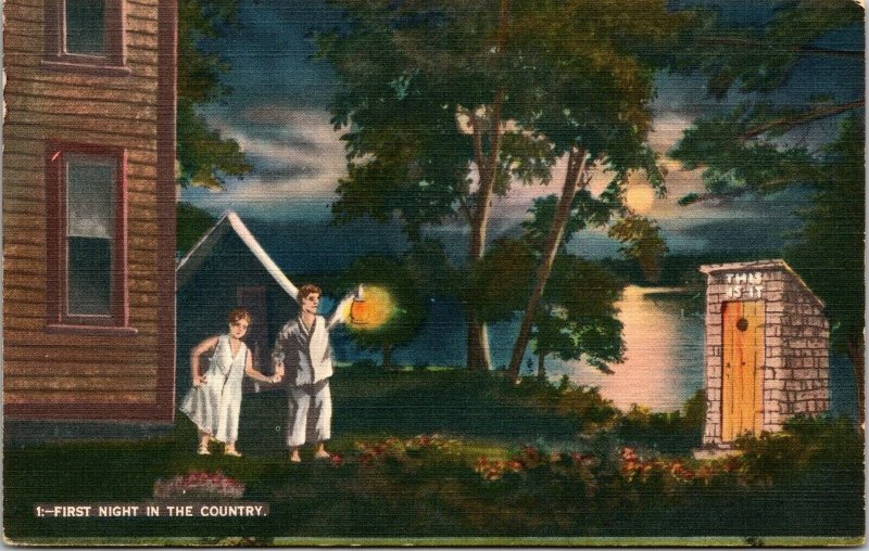 First Night Scenic American Countryside Outhouse Moonlight Linen Postcard 