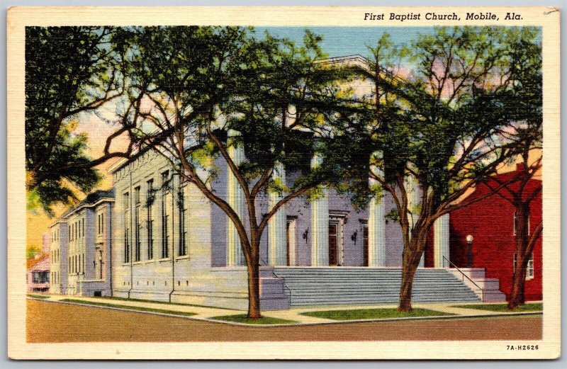 Vtg Mobile Alabama AL First Baptist Church 1930s View Linen Unposted Postcard