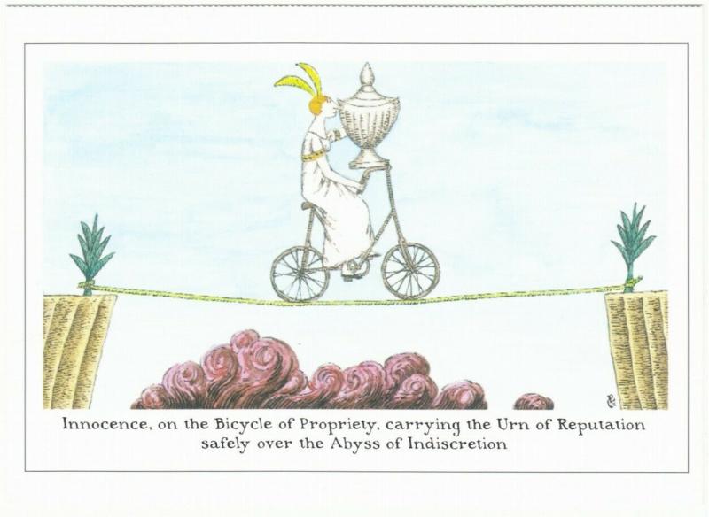 Innocence on Bicycle of Propriety and Urn of Reputation Edward Gorey Postcard