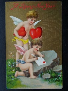 A JOYOUS NEW YEAR Christmas Angel Cherubs & Love Hearts c1906 Embossed Postcard
