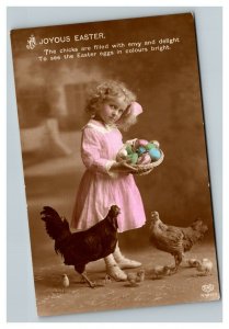 Vintage 1910's Colorized Photo Easter Postcard Cute Girl Pink Dress Colored Eggs