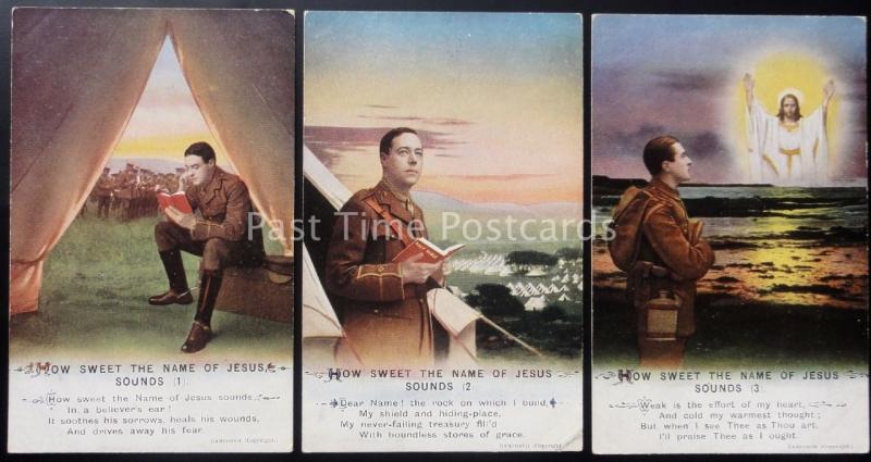 WW1 HOW SWEET THE NAME OF JESUS SONDS Bamforth Song Cards set of 3 No 5034/1/2/3