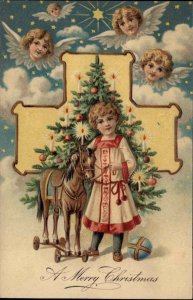 Christmas Little Boy with Beautiful Pull Riding Toy Horse c1910 Postcard