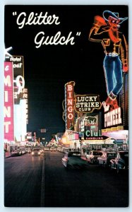 LAS VEGAS, NV Nevada ~ Night Neon GLITTER GULCH Vegas Vic c1950s Cars Postcard