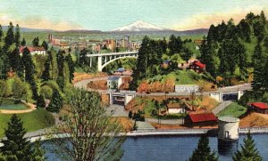 1937 PORTLAND OREGON MT HOOD CANYON RD VISTA BRIDGE CITY PARK LINEN POSTCARD P20