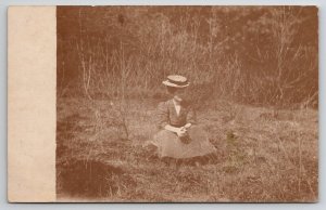 RPPC Lovely Lady Victorian Woman Seated in Forest Rustic Real Photo Postcard J25