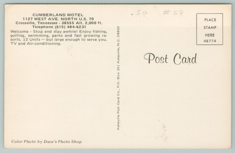 Crossville Tennessee~Cumberland Motel Building~Vintage Postcard