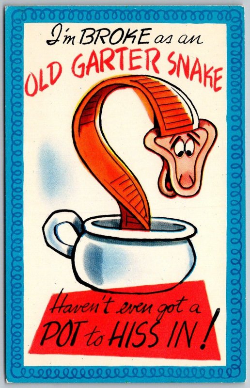 COMIC 1950s Postcard I'm Broke As An Old Garter Haven't Even Got A Pot To Hiss