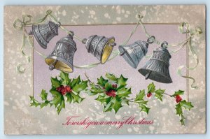 1908 Christmas Holly Berries And Ringing Bells Winsch Back Embossed Postcard
