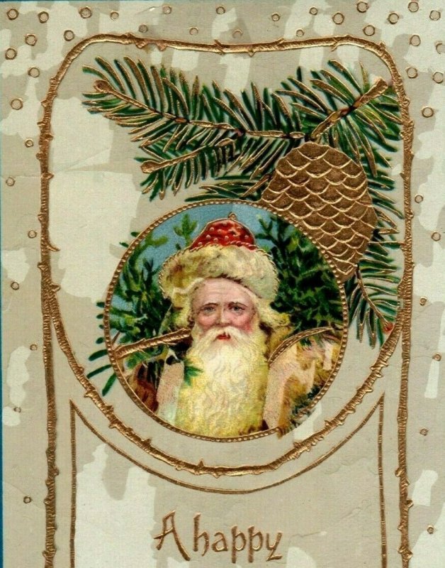 Antique Brown Robe Santa Christmas Gold Gilt Germany c1910 Pinecone Postcard